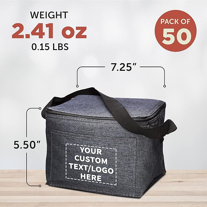 Custom Insulated Cooler Lunch Bag Set of 50, Personalized Bulk Pack - Perfect for Work, Travel, Outdoor Events - Black