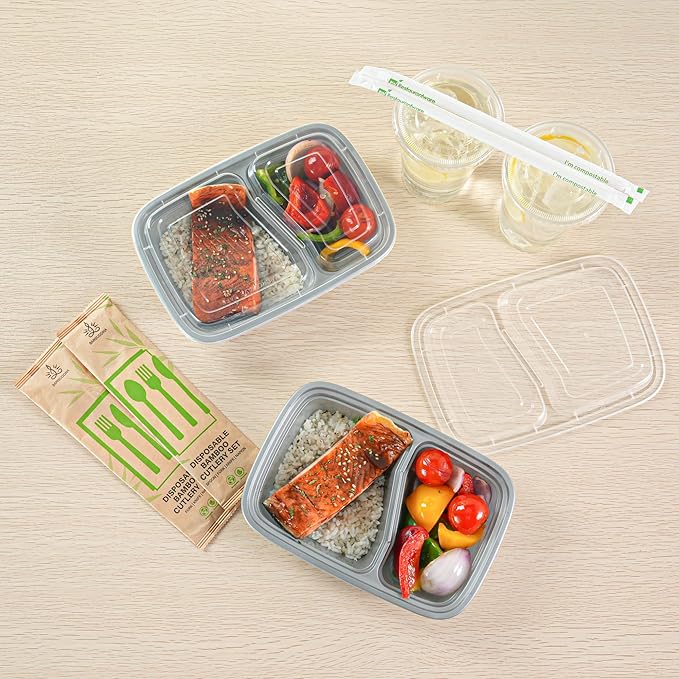 Restaurantware-Asporto 26 Ounce Compartment Take Out Boxes, 100 Microwavable Meal Prep Containers - 2 Compartments, With Clear Plastic Lids, Silver Plastic Food Containers, Do Not Contain BPA