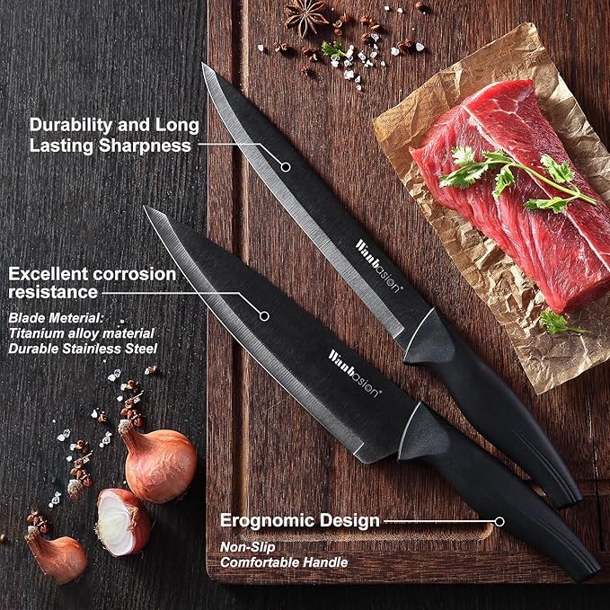 Wanbasion Black Professional Kitchen Knife Chef Set, Stainless Steel, Dishwasher Safe with Sheathes