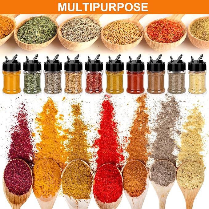 100 Pcs Plastic Spice Jars with 2 Sides Flip Cap Clear 2 Oz Seasoning Containers Empty Spice Bottles Small Seasoning Jars with Shaker Lid for Kitchen Storage Herbs and Powders (Black Cap)