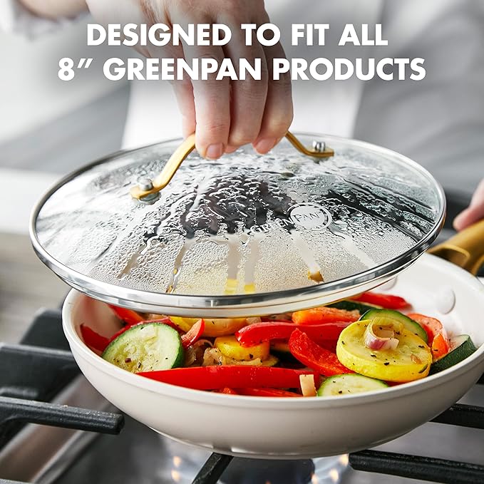 GreenPan 8" Tempered Glass Lid for Pots and Pans Cookware, Gold-Tone Handle with Matte Finish, Dishwasher and Oven Safe