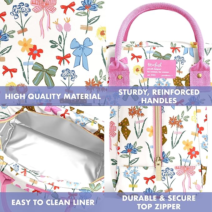 Fit & Fresh Bloomington Lunch Bag for Women - Insulated Large Lunch Box for Work with Containers, Leak-Resistant, Stain-Resistant, Zipper Closure, Color Bows & Flowers