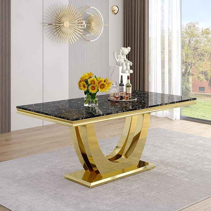 AF ARTISAN FURNITURE Marble Dining Table for 4-8,Black Faux Marble Dining Tables with Gold U-Shaped Mirrored Finish Stainless Steel Base, Marble Kitchen Table for Living Room Home Office