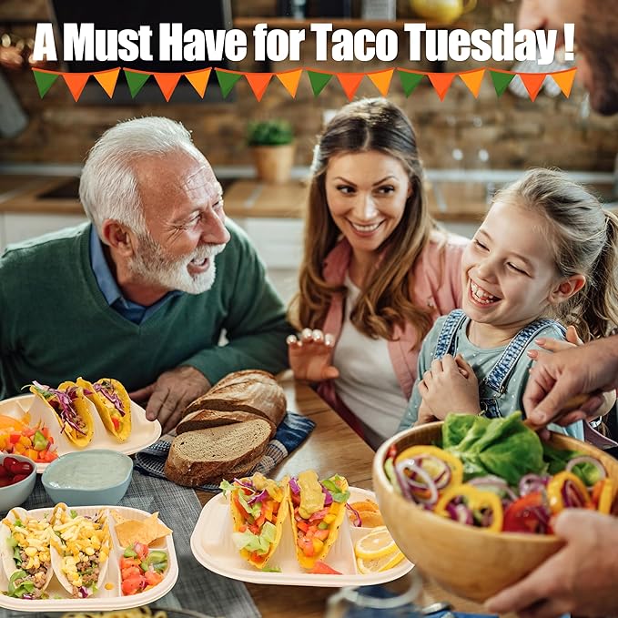 Small Disposable Taco Plates With Dipping Sides - 50 Pack, Biodegradable Cornstarch Taco Holder, Mini Size Fit 4-6 Inch Street Tortilla Shells, Sturdy & Microwave Safe, Bar Serving Set For A Party