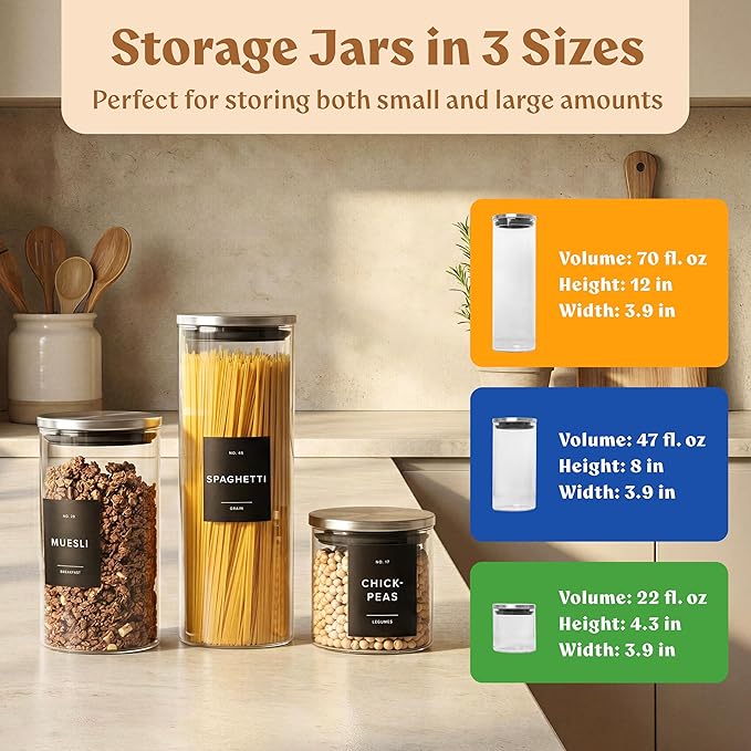 EDELHAUS Glass Storage Containers with Stainless Steel Lids [Extra Thick Glas] with 54 Labels - Canister For Pantry Noodles Flour Cereal Rice Sugar Tea Coffee Beans - Round Set of 5x