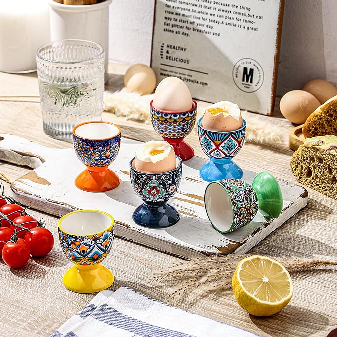 HENXFEN LEAD Boho Ceramic Egg Cups Set of 6 – Colorful Egg Holders for Soft & Hard Boiled Eggs, Microwave & Dishwasher Safe, Perfect for Breakfast & Easter