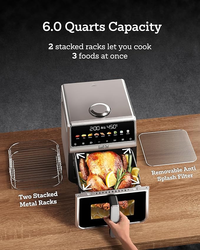 Stainless Steel Air Fryer 6 Qt, Ceramic glaze Air Fryer, Stainless Steel Housing& Full Metal Inner Pot, PTFE and PFAS Free, 9 Digital One-Touch Cook Functions,120°F~450°F, 1700W