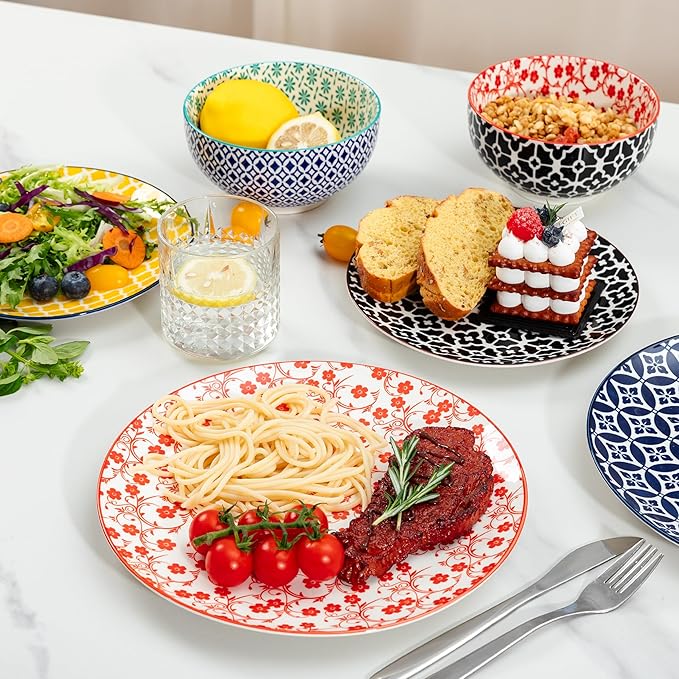 LEHAHA 12 Pieces Ceramic Dinnerware Sets, Porcelain Round Dinner Set for 4, Microwave and Dishwasher Safe Plates and Bowls Dishes Sets, Kitchen Dinner Dinning Ware Set, Assorted Colors