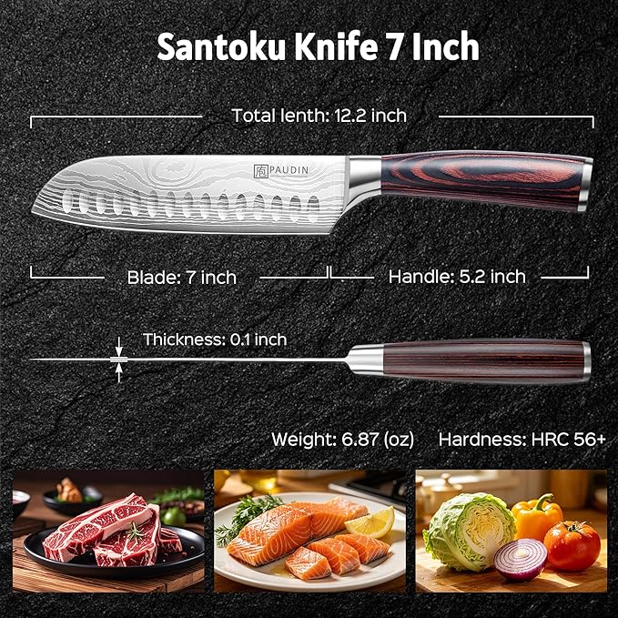 PAUDIN Santoku Knife, 7 Inch Kitchen Knife, Ultra Sharp Edge - Forged High Carbon German Stainless Steel, Professional Chef Knife with Ergonomic Handle, Gifts for Men and Women