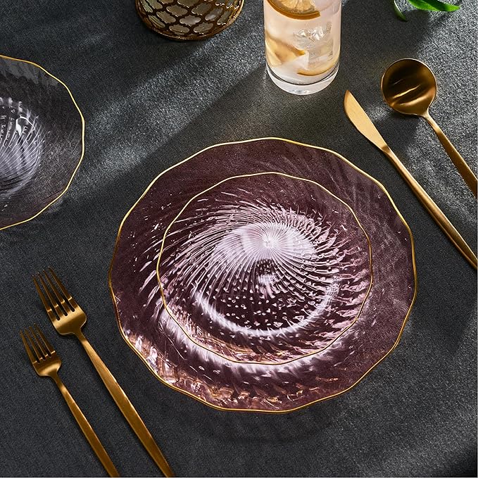 PLASTICPRO 60 Pack Plastic Plates Set of 30-10 inch Plates and 30-7 inch Plate, Elegant Clear Pink Spiral and Gold Rim Disposable Fancy Dishes Heavyweight