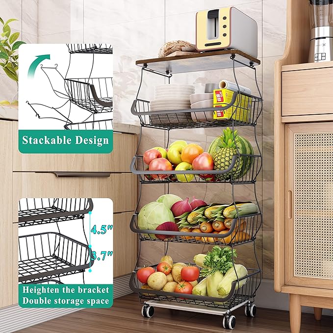 SAYZH Fruit Basket Kitchen Pantry Organizers and Storage - Wooden Top Table, Stackable Metal Wire Basket Stand Cart for Fruit Vegetable Snacks Onion Potato Organization (Black, 5 Tiers)