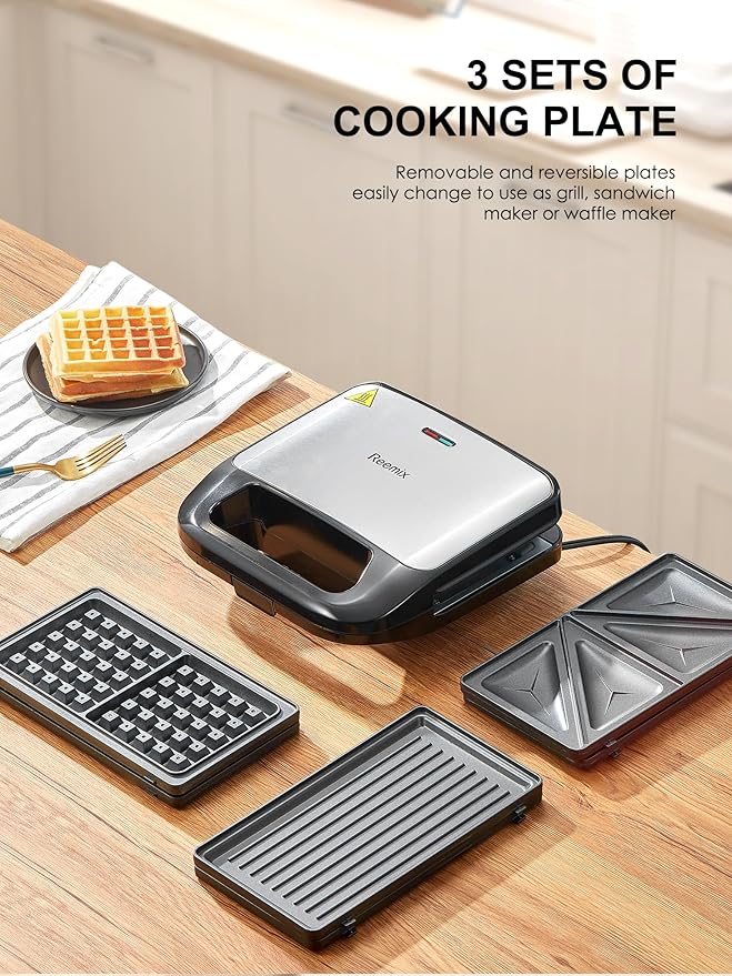 Reemix 3-in-1 Waffle, Grill & Sandwich Maker, Panini Press Grill and Waffle Iron Set with Removable Non-Stick Plates, Perfect for Grilled Cheese, Tuna Melts, Burgers, Steaks (Black, Plastic)