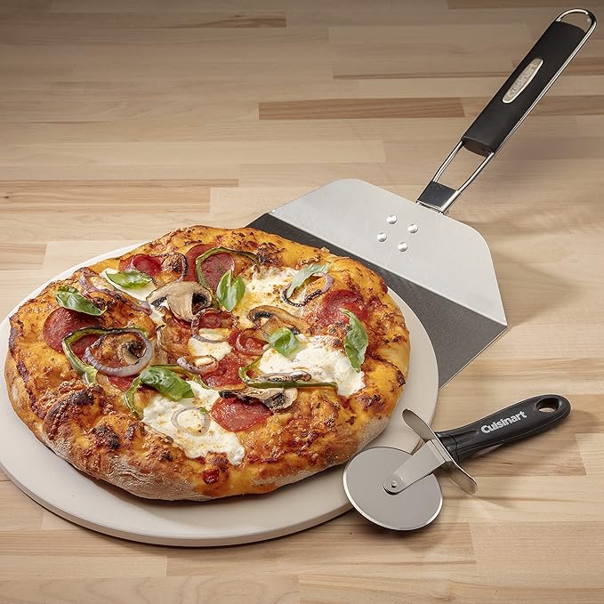 Cuisinart 3 Piece Pizza Grilling Pack, 13” Round Pizza Stone for Grill with Cutter and Foldable Stainless Steel Peel, Complete Set to Build Your Own Pizzas at Home