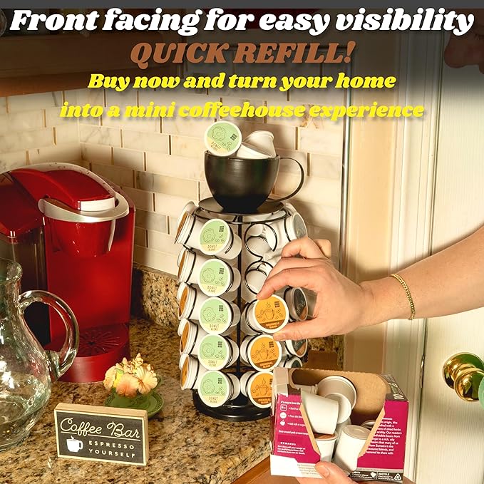 Made Easy Kit Carousel Coffee Pod Holder - Compatible with Keurig K-Pods K-Cups - Countertop 360 Spin Rack Storage Organizer - Revolving Base - Capsule Café Station Bar (Mug Black, Small)