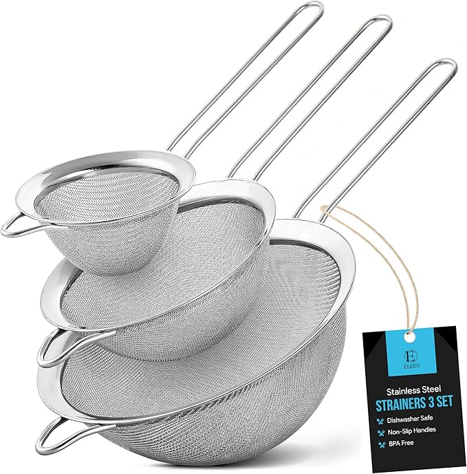 ELEEN Premium Stainless Steel Fine Mesh Strainers for Kitchen 3-Piece Set with Non-Slip Handle, Small, Medium & Large Sieves, Colanders and Sifter for Sifting, Straining, Pastas Tea, Rice Vegetables