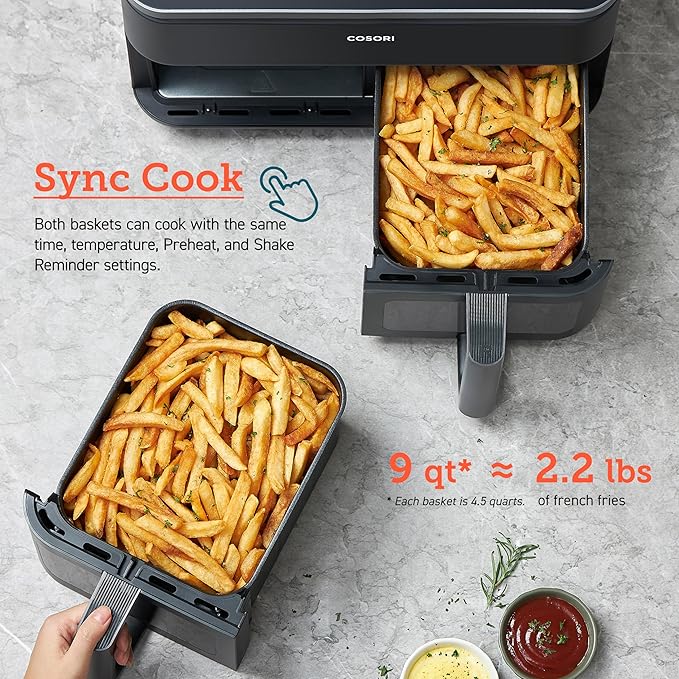 COSORI Dual Basket 9 Qt Air Fryer and 10 Cup Rice Cooker with Steamer, Sauté, Slow Cooker