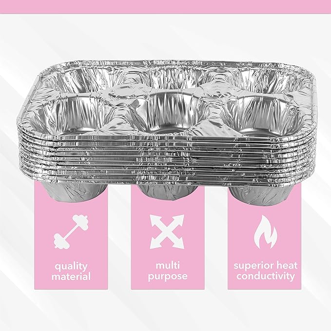 PLASTICPRO Aluminum Foil Muffin Pans Reusable and Disposable, Holds 6 Cupcakes/Muffin & Pie foil Pan Pack of 50