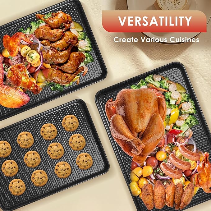 Baking Sheet Pan Set of 3, Nonstick Carbon Steel Cookie Sheets with Texture, Commercial Half/Quarter/Jelly Roll Pans Replacement Toaster Oven Tray, Heavy Duty & Easy Clean, Black
