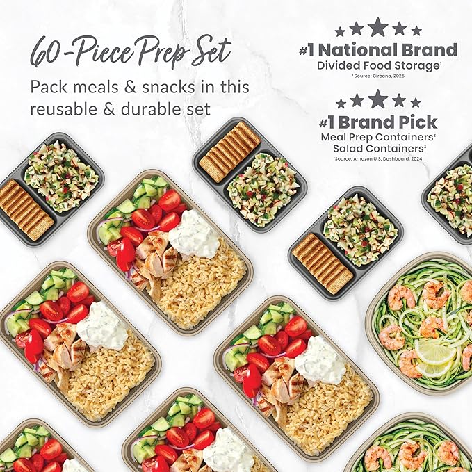 Bentgo Prep 60-Piece Variety Meal Prep Kit - Reusable PFAS & BPA-Free Food Containers 1-Compartment Trays, Prep Bowls, & Snack Boxes - Microwave, Freezer, & Dishwasher Safe (Rich Shades)