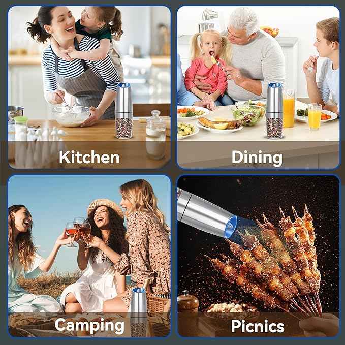 Rechargeable Electric Salt and Pepper Grinder, gravity electric salt and pepper grinder, Adjustable Roughness, LED Light, 1 Pack, (Silver)