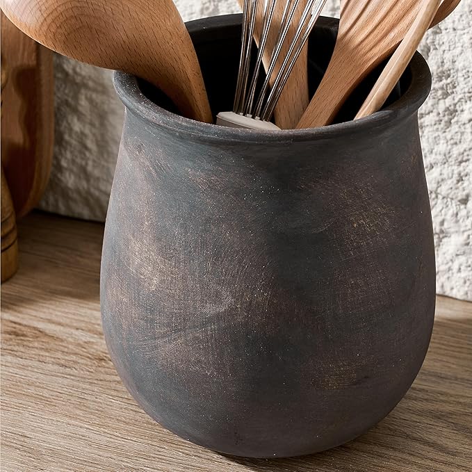 Rustic Utensil Holder for Kitchen Counter, Modern Farmhouse Cooking Utensil Holder and Crock Home Kitchen Decor, Vintage Ceramic Utensil Organizer for Spatula, Ladle, Eggbeater, Rolling Pin