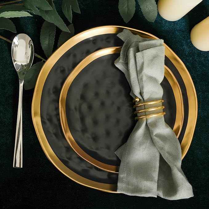 Stone Lain Florian Modern Porcelain 16 Piece Dinnerware Set, Plates and Bowls Set, Dish set for 4, Black And Golden Rim