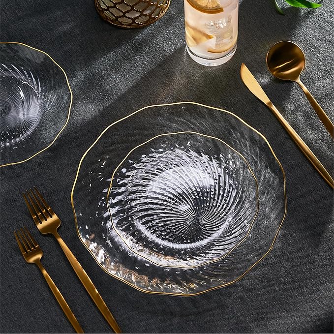 PLASTICPRO 30 Pack Plastic Plates Set of 15-10 inch Plates and 15-7 inch Plate, Elegant Clear Spiral and Gold Rim Disposable Fancy Plate Premium Heavyweight