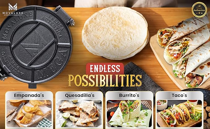 Movaluxe® Tortilla Press 12 Inch Cast Iron MEGA – Corn & Flour Roti Maker Machine Heavy Duty Tortillera Presser. With Parchment Paper, Warmer Pouch, Taco Holders, Rubber Mat & Digital Culinary Guide