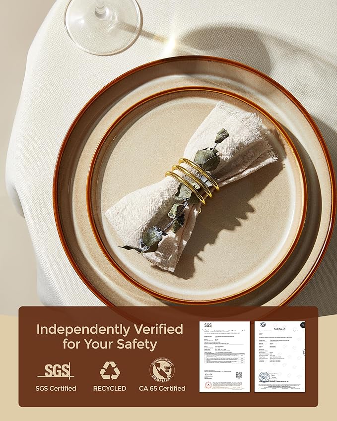 Pokini Dinnerware Set for 8, Ceramic Dish Sets, Plate and Bowl Set, Microwave & Dishwasher Safe Dishware Set, Chip & Scratch Resistant Dinner Set, One-of-a-Kind Design, Amber Brown