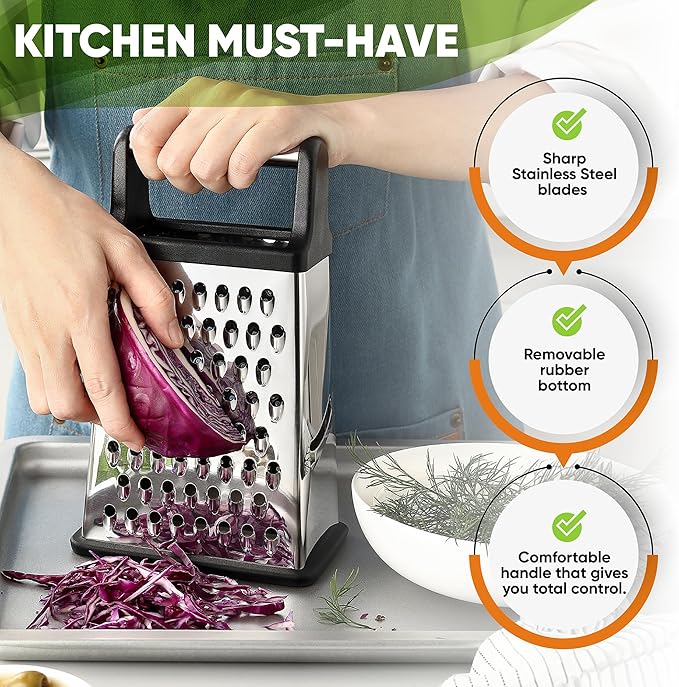 Spring Chef Professional Cheese Grater - Stainless Steel, XL Size, 4 Sides - Perfect Box Grater for Parmesan Cheese, Vegetables, Ginger - Dishwasher Safe - Black
