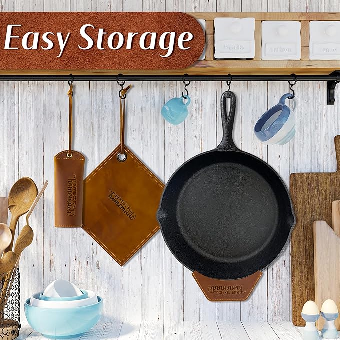 GROBRO7 3Pcs Cast Iron Skillet Hot Handles Covers Set Happiness is Homemade Panhandle Sleeve Side Grip Cover, Leather Handmade Pot Holder Heat Resistant Reusable Assist for Pan Kitchen Utensils Brown