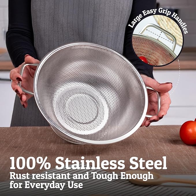 PriorityChef Premium Stainless Steel Colander for Kitchen, Durable Rice and Pasta Strainer with Handle, Rust-Resistant & Dishwasher Safe, 3 Qt
