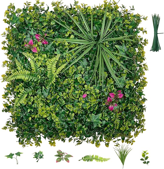 VEVOR Artificial Plant Wall, 16PCS 20 x 20 in Artificial Boxwood Panels, Greenery Backdrop Privacy Hedge Fence with Sun Protection, Fake Grass Wall Screen for Wedding, Indoor, Outdoor GardenMixed Leaf
