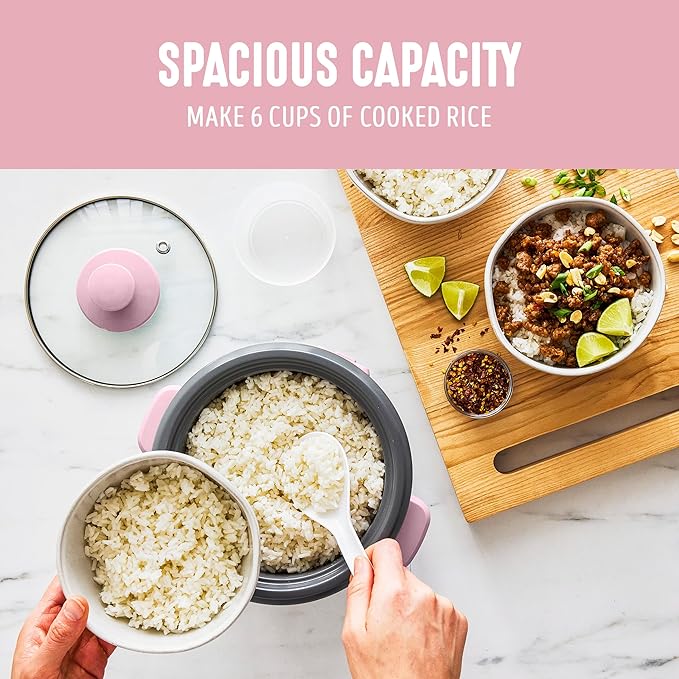 GreenLife Rice Cooker with Removable PFAS-Free Ceramic Nonstick Pot, 3-Cups Uncooked/6-Cups Cooked, Grains & Oatmeal Multicooker, Compact One-Switch Design, Auto Keep Warm, Easy Clean, Pink