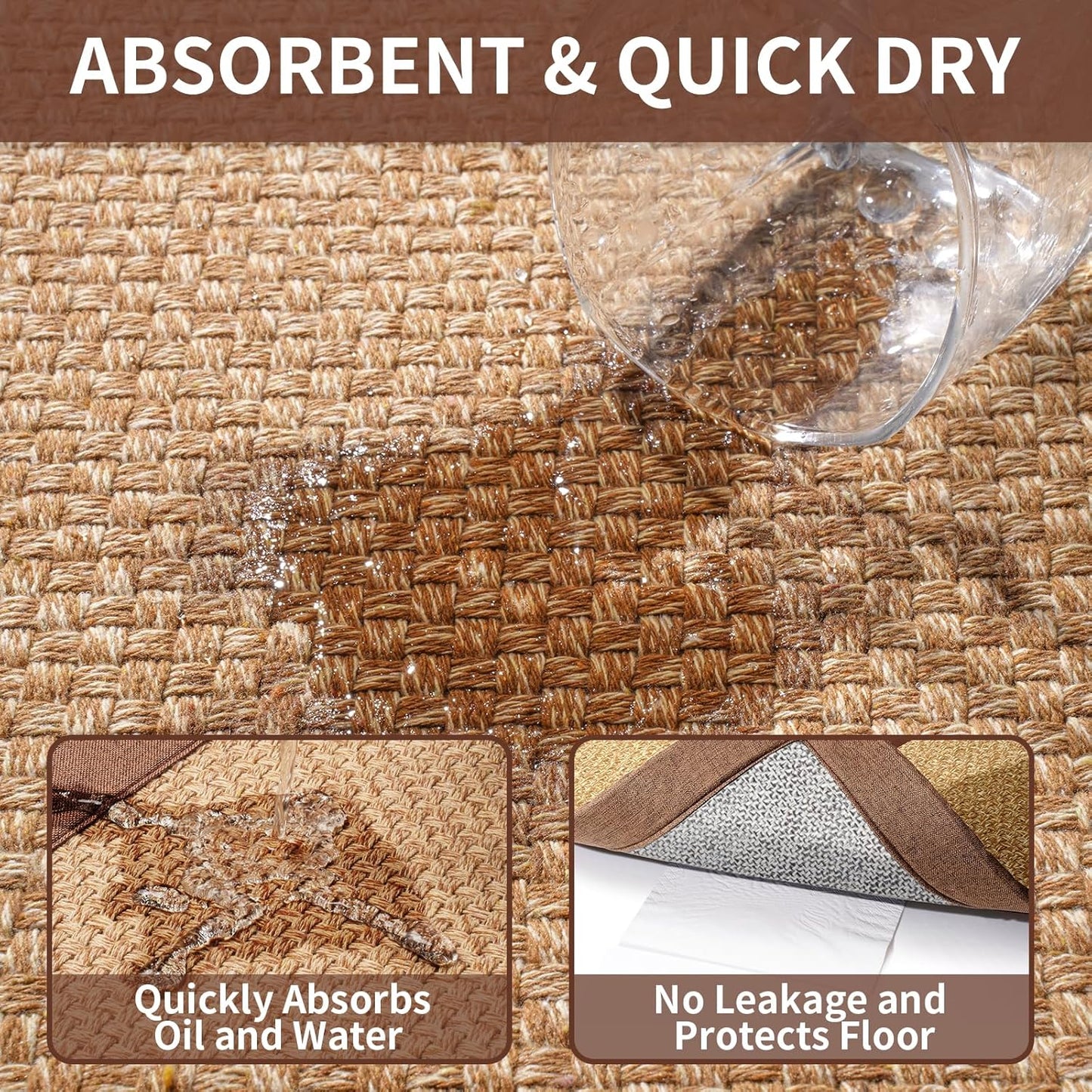 Kitchen Runner Rugs Non Slip Washable, Super Absorbent Kitchen Mats for Floor, Rubber Backing Jute-Like Braid Long Sink Mat Standing Floor Mat, Machine Washable, Brown 17"x59"