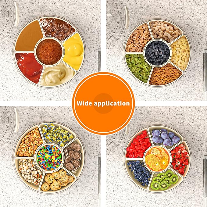 Divided Serving Tray with Lid and Handle, Stackable Snackle Box Container for Fruits Candy Organizer, Portable Spinning Rounded Veggie Tray for Kitchen, Party, Trave and Picnic-2 PACK