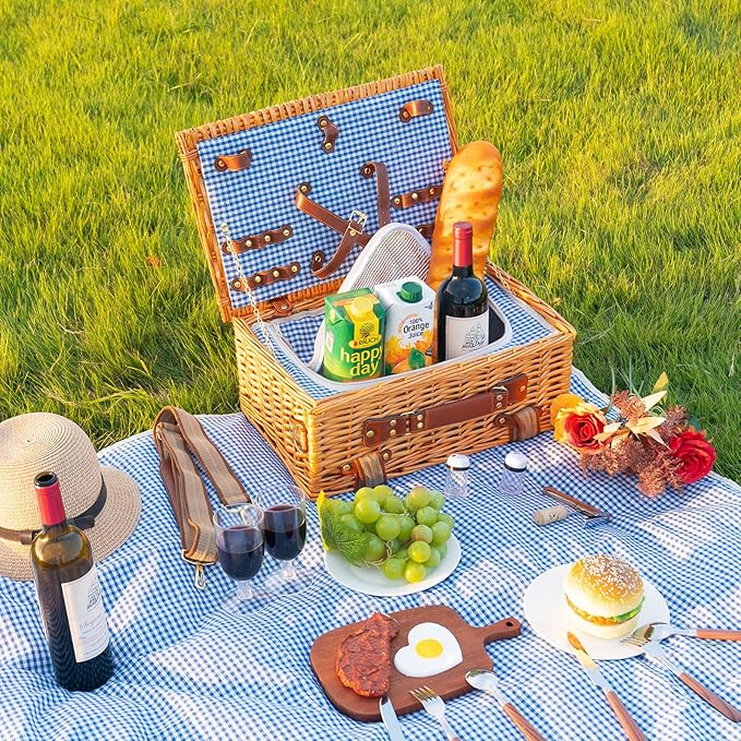 Wicker Picnic Basket Set for 2 Person with Cooler Compartment and Waterproof Picnic Blanket,Removable Strap,Cutlery Set,for Camping,Day Travel,Beach,Hiking,BBQ and Family/Couples Gifts