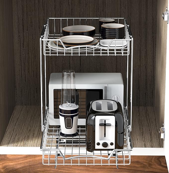 SIMPLE HOUSEWARE 2-Tier (L+L) Organizer Pull Out Under Cabinet Sliding Shelf, Chrome