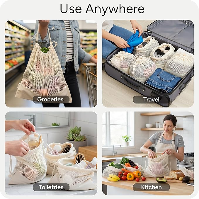 LEAFICO Reusable Produce Bags – 100% Cotton Mesh & Solid Hybrid (Medium 10x12 inch 3 Pcs) – Grocery Storage Bags for Fruit, Vegetables, Bulk Food – Washable, Plastic-Free, Breathable, Zero Waste