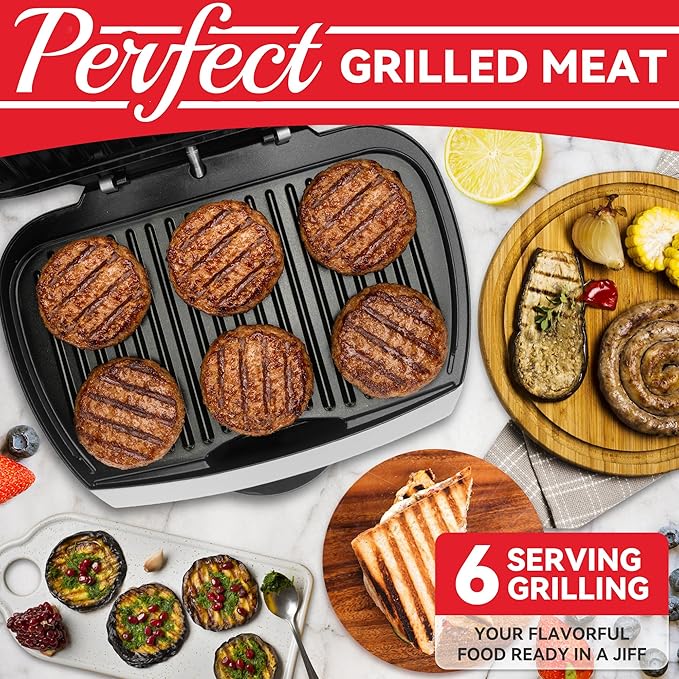 SugarWhisk Family-sized Contact Grill, 6-Serving Electric Indoor Grill with Adjustable Temp Control, Ceramic Coating, 1500W, Silver