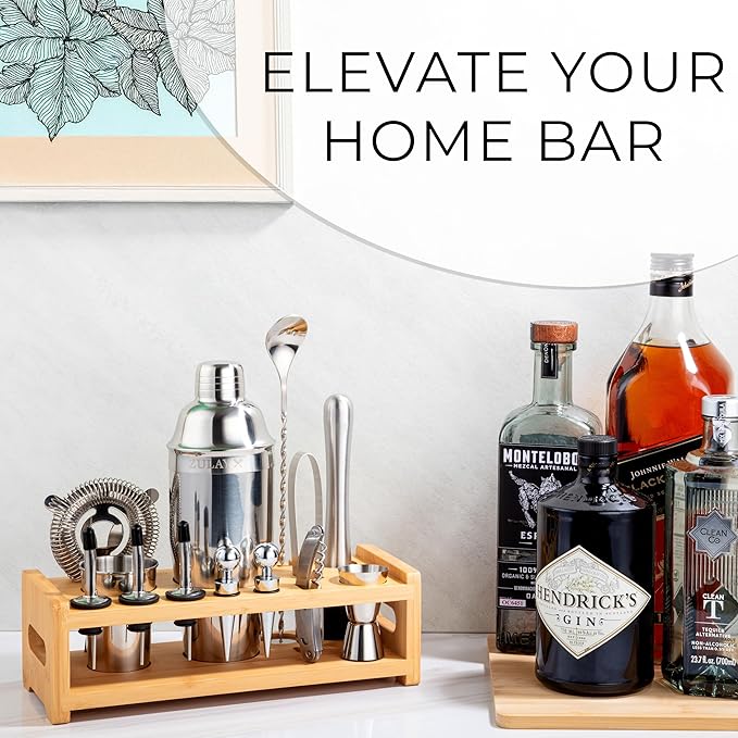 Zulay Kitchen 24 Piece Bartender Kit-Stainless Steel Bar Accessories with Display-Modern Mixology Shaker Set for At-Home Cocktails-Use for Mixer, Martini, Margarita and Liquer-Bar Tools (Silver)