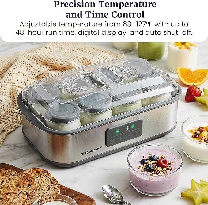 Elite Gourmet ProBioticPRO™ Digital Yogurt Maker, Programmable Temp & Time Control (68–127°F), Includes 8 Glass Jars (6 oz) + 2 Large 1-Qt Bowls, Stainless Steel, Auto Shut-Off