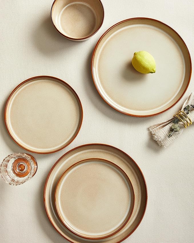 Pokini Dinnerware Set for 4, Ceramic Dish Sets, Plate and Bowl Set, Microwave & Dishwasher Safe Dishware Set, Chip & Scratch Resistant Dinner Set, No Two Are Alike, Amber Brown