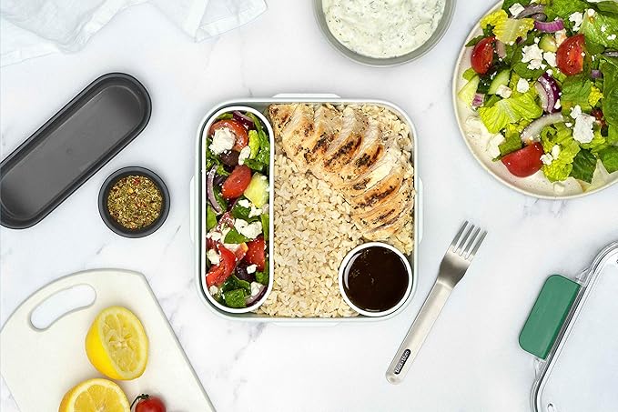 BLACK + BLUM Bento Box Style Compartment Food Container | Packed Lunch Box with Stainless-Steel Travel Fork, Plastic Free Leak-Proof, Microwave Safe | Olive, 34 oz / 1000 ml
