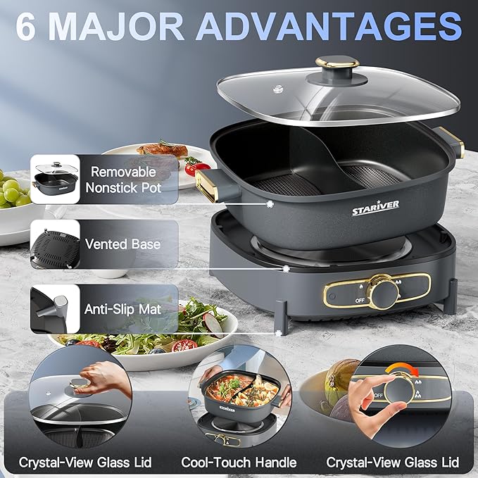 Stariver Hot Pot Electric with Divider, Large 6L Nonstick Double-Flavor Electric Shabu Shabu Pot, 1500W Hotpot with 3 Power Settings, Perfect for Family Dinners & Parties