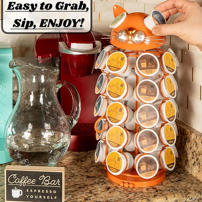 Made Easy Kit Carousel Coffee Pod Holder, Compatible with Keurig K-Pods K-Cups, Countertop Rack Storage Organizer, Metal Home and Kitchen Decor, Capsule Café Station Bar (Large, Orange Cat)