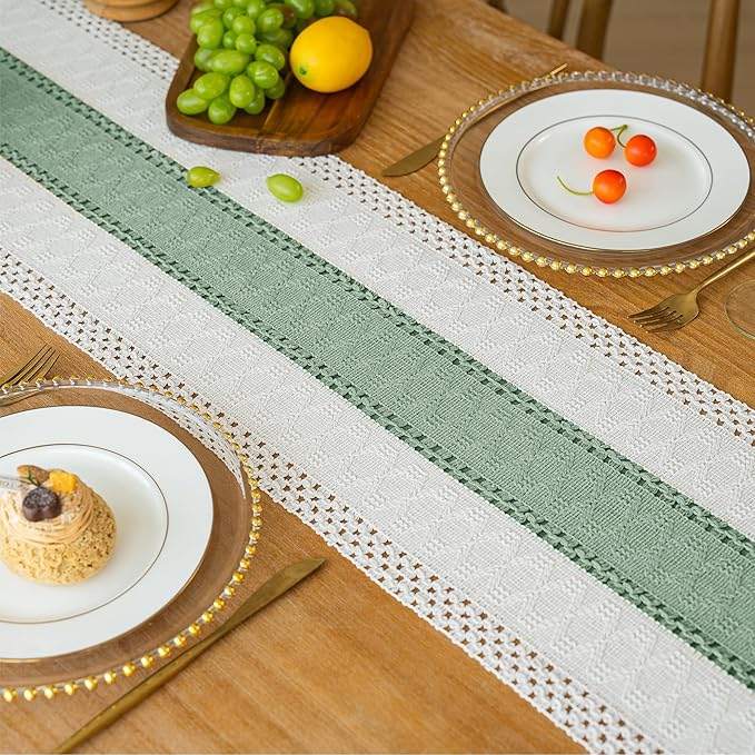 FEXIA Boho Table Runner for Home Decor with Tassels 108 Inches Long,Sage Green Farmhouse Rustic Table Runner Macrame Burlap Table Decoration for Living Room Bridal Shower(12x108 Inches)