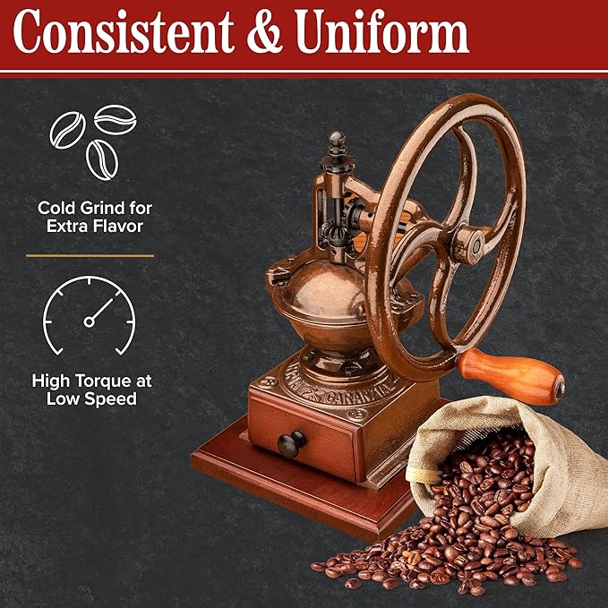 Manual Burr Coffee Grinder - Heavy Cast Iron Coffee Bean Burr Grinder with Adjustable Grind Settings, Hand Crank, and Vintage Design - Italian Made Espresso Accessories by Classic Cuisine (Copper)