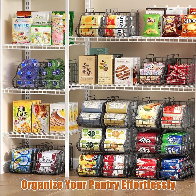 8-Pack Can Organizer for Pantry, Stackable Cabinet Food Shelves for Fridge, Wire Cupboard Storage, Holds up to 72 Beers,Small Metal Bin for Drink Beverage Egg Gillas, Rack for Kitchen Countertops RV