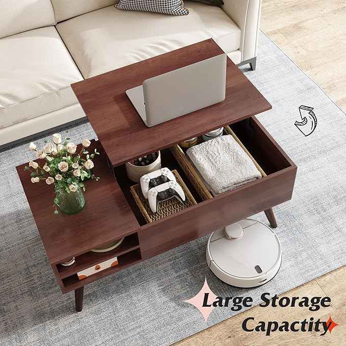 WLIVE Lift Top Coffee Table for Living Room,Small Coffee Table with Storage,Hidden Compartment and Adjustable Shelf,Mid Century Modern, Wood,Cherry,Espresso.
